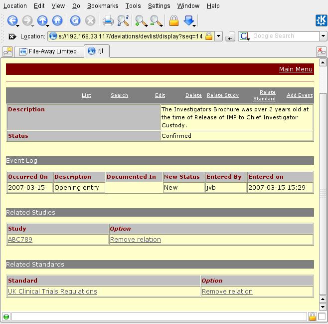 The Study Log example screen